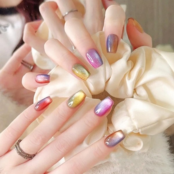Vopintpy Multicolor Gradient Cat Eye Press on Nails Short Square Fake Nails Mirror Acrylic Nails with Glue on Nails Reusable Stick on Nails for Women DIY Charm Manicure