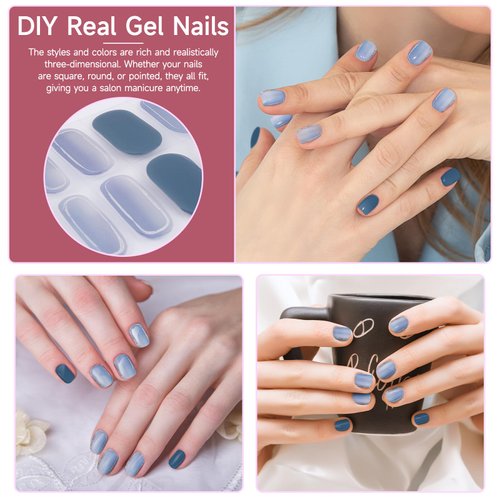 DUKASOU 28pcs Semi Cured Gel Nail Strips, Gel Nail Stickers Kit Work with Any UV Nail Lamps, Long Lasting Gel Nail Wraps for Women, includes Prep Pads, Nail File & Wood Stick(Light Blue)
