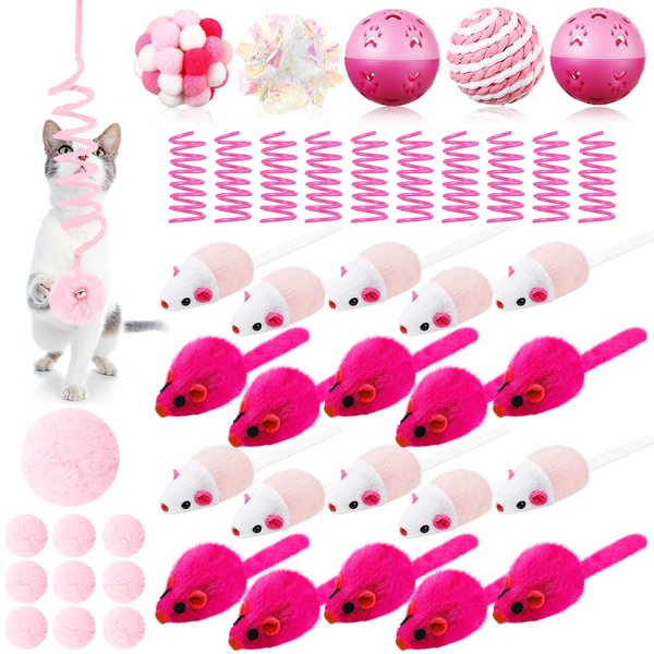 Gemscream 46 Pcs Cat Toys Set Interactive Cat Toys Include Fur Mice Rattle Cat Springs Crinkle Balls Pompom Bell Sisal Ball Puzzle Chase Toys Assorted for Gift Indoor Kitten(Pink)
