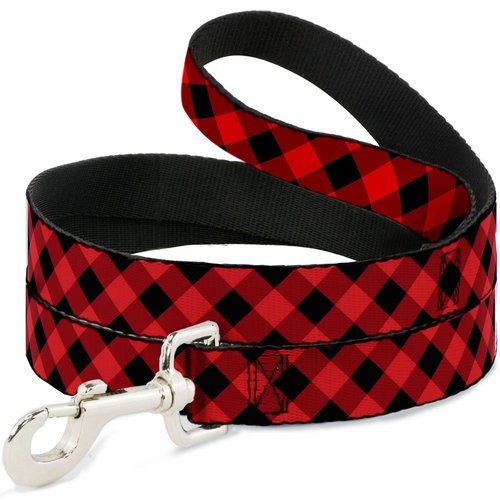 Buckle-Down Pet Leash - Diagonal Buffalo Plaid Black/Red - 4 Feet Long - 1" Wide