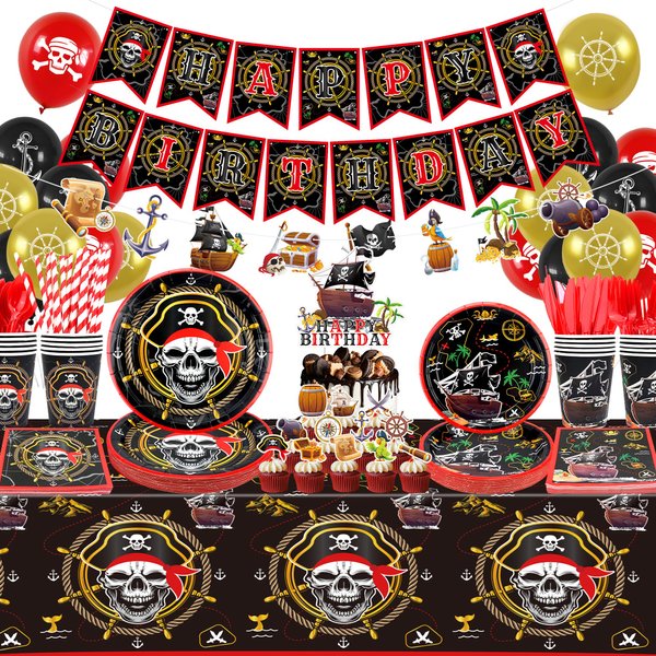 KEFAN Pirate Birthday Party Decorations, Pirate Theme Party Tableware Supplies including HAPPY BIRTHDAY Banner, Plates, Cups, Napkins, Tablecloth, Balloons for Boys Birthday Party (LQ-B)