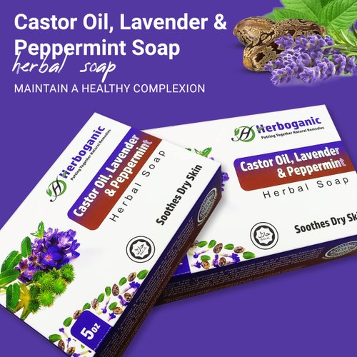 HERBOGANIC Castor Oil, Lavender and Peppermint Herbal Soap | Natural Bar Soap for Face and Body | Soothes Dry Skin | Infused with Castor Oil, Lavender and Peppermint | 5 Oz (Pack of 1)