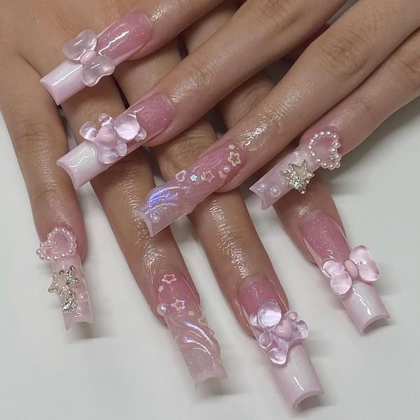 Extra Long Press on Nails Square French Tips Acrylic Coffin False Nails Sets Artificial Pink Fake Nails with Bear Pearl Designs Glossy Full Cover Glue Stick on Fingernails with Charm for Women