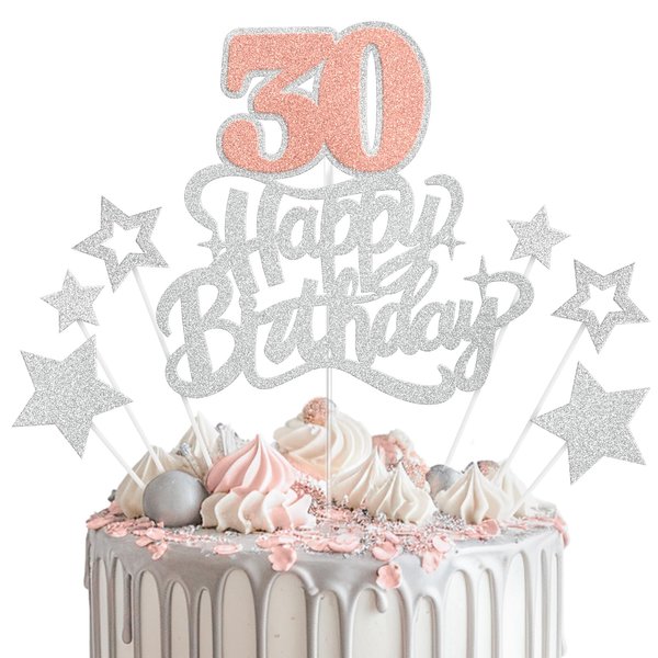 Happy 30th Birthday Cake Topper, 30th Birthday Party Decorations, 30 Cake Topper, Cake Supplies for Women, Rose Gold and Silver