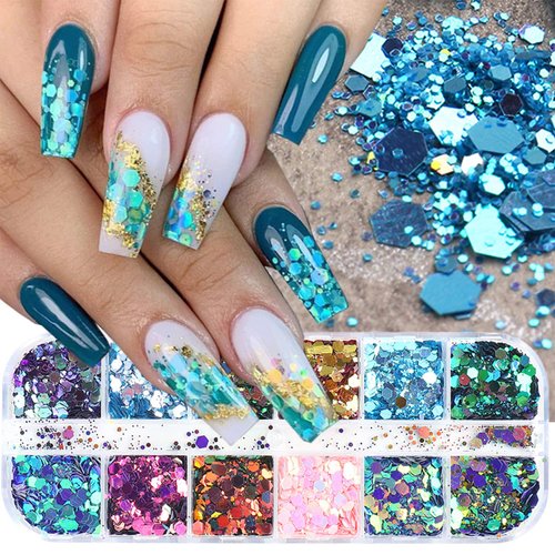12 Colors Hexagon Chunky Glitter Holographic Crafts Stickers Sequins Nail Glitter Mermaid Powder Flakes Shiny Charms Hexagon Sequins Suitable for Women Girls Decoration Acrylic Nails