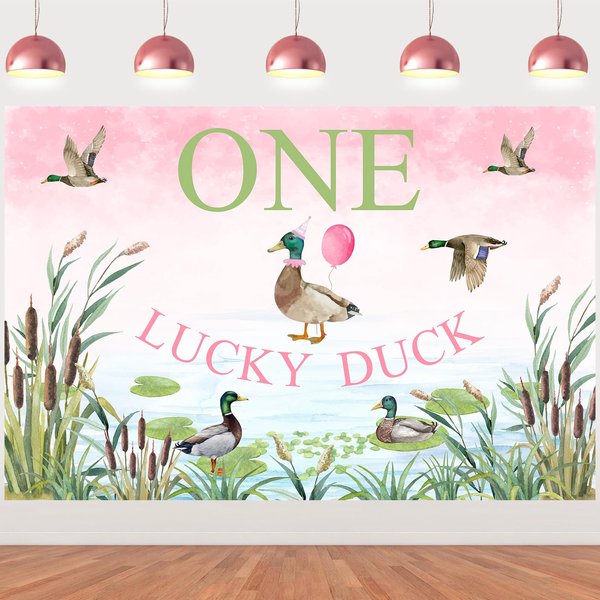 Balterever Duck Hunting First Birthday Decoration for Girls Pink One Lucky Duck Birthday Backdrop Mallard Duck 1st Birthday Party Decorations for Girls 1st Birthday Party Supplies