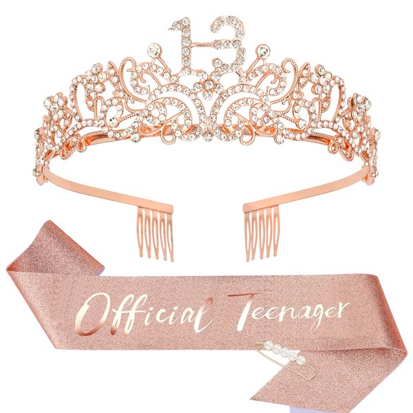 CIEHER 13th Birthday Crown & Official Teenager Birthday Sash & Pearl Pin Set, 13 Birthday Tiara, 13th Birthday Gifts for Teen Girls, 13th Birthday Decorations for Girls, Teen Girl Gifts