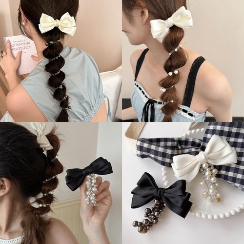 4 Pcs Bowknot Braided Telephone Wire Black White Pearl Hair Bands Elastic Spiral Hair Ties Phone Cord for Women Elegant Ponytail Holder Accessories