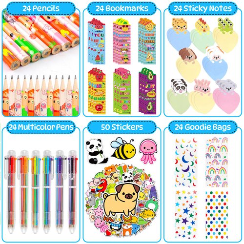 Multicolor Pens Party Favors, 24Pack School Stationery Set with 6-in-1 Multicolor Ballpoint Pens Motivational Bookmarks Stickers for Goodie Bags Birthday Classroom Gifts for Kids Students Bulk