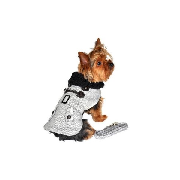 DOGGIE DESIGN Grey Herringbone Dog Harness Coat (Wool/Polyester) with Matching Leash (XL)