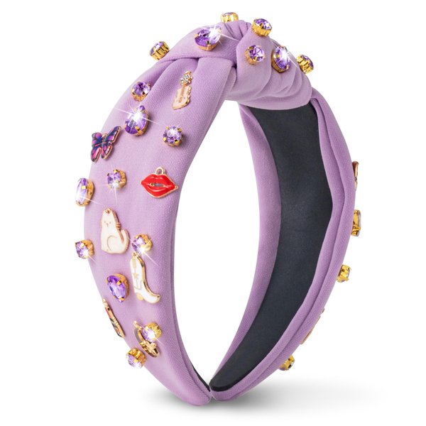 PANTIDE Music Jeweled Knotted Headband - Singer Fans Gift Guitar Red Lip Rhinestone Crystal Embellished Headband Wide Top Knot Fashion Hairband Birthday Back To School Gift for Women Girls (Purple)