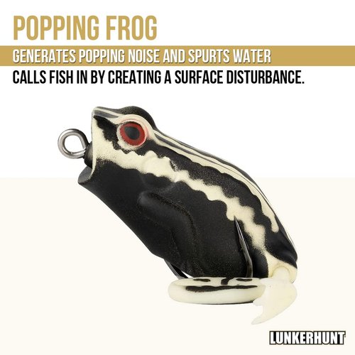 Lunkerhunt Frog Fishing Lure for Bass Fishing | Popping Frog 0.5 oz | Topwater Fishing Bait with Weedless Hooks, Hollow Body (Bark)