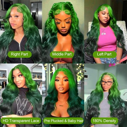 GGEDUO 13x4 Ombre Green Lace Front Wig Human Hair Body Wave Glueless HD Lace Front Wigs 3 Tone Light Green to Dark Green Colored for Fashion Women 180% Density 28 Inch