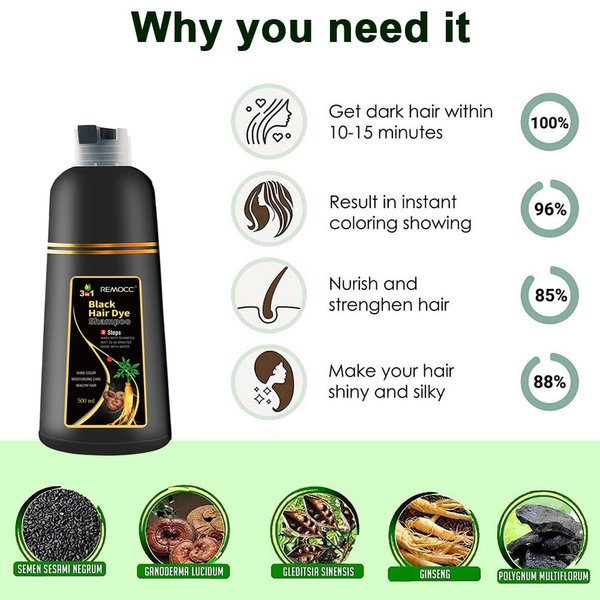 Black Instant Hair Color Shampoo for Gray Hair - Easy Hair Dye Shampoo 3 in 1-100% Grey Coverage - Herbal Coloring in Minutes for Women & Men(500mL,17.6 Fl Oz)