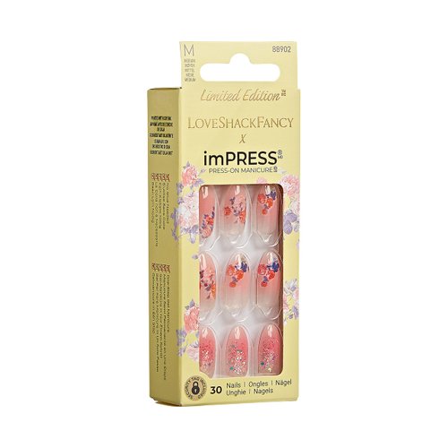 KISS LoveShackFancy x imPRESS Press-On Manicure Limited Edition, Style "Citrus Candy" Medium Almond Pink Press-On Nails, Includes Prep Pad, Mini Nail File, Cuticle Stick, & 30 Fake Nails