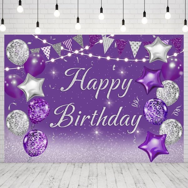 INRUI Purple Happy Birthday Party Photography Background Silver Glitter Balloons Girls Women Sweet Princess Bday Event Favors Supplies Decoration Backdrop 8x6FT