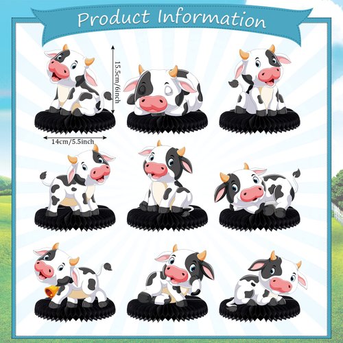9 Pcs Cow Honeycomb Centerpieces Farm Animals Cow Table Topper Honeycomb 3D Table Decoration Barnyard Paper Fan Cow Cutouts for Children's Party Western Cowboy Baby Shower Wedding Party Supplies