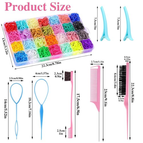 28 Colors Rubber Bands with 7 Hair Styling Tools, 2100 Pcs Colorful Elastic Ties Small Rubber Bands Baby Toddler Ties for Girls Hair Accessories Christmas Gifts
