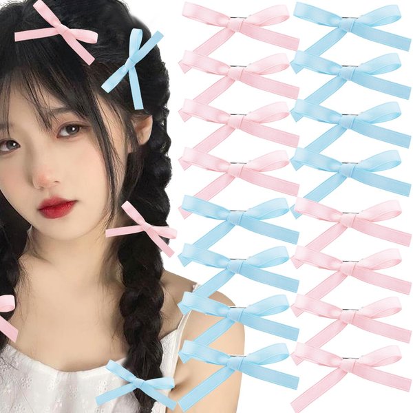 Zkptops 16Pcs Bow Hair Clips for Women Girls Baby Kids Teen Toddler Pink Blue Solid Silky Satin Bowknot Hair Accessory Small Mini Tiny Cute Soft Non Slip Metal Hair Barrette Hairpin Headwear Headdress