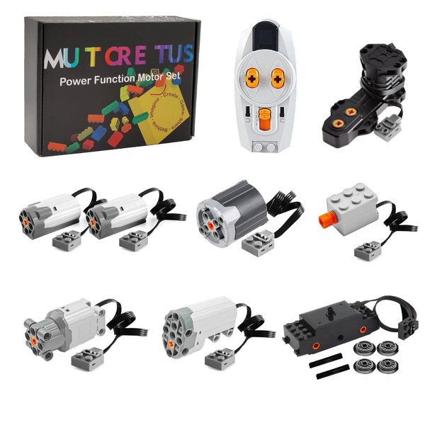 Mutcretus 15PCS Power Function Motor Set, Infrared Remote Control&Battery Pack Motor Kit, Compatible with Lego Technic Sets, New Light Gray Electric Functions Motors and Gears, Kid&Adult