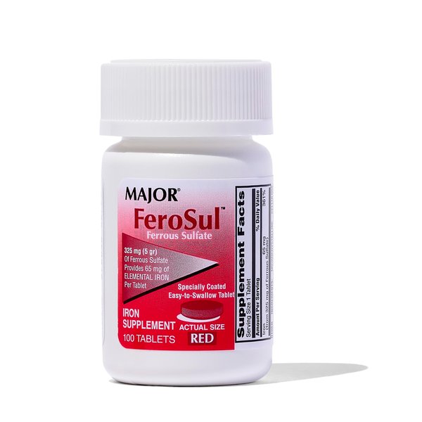 Major Ferosul - Ferrous Sulfate 325mg Tablets with 65mg of Elemental Iron - Iron Supplement for Women, Men - Red - 100 Tablets