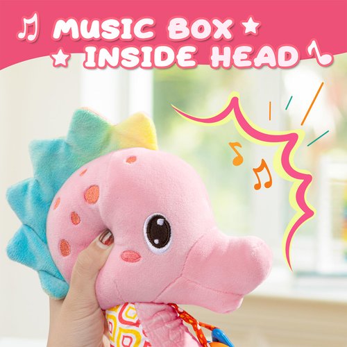 AWOTOY Baby Toys 0 to 12 Months, Musical Stuffed Animal Activity Soft Toys with Multi-Sensory Crinkle, Rattle and Textures,Infant Tummy Time Toys for Newborn Girls, Seahorse, Pink