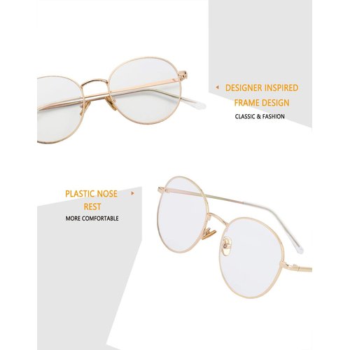 Kursan Blue Light Blocking Glasses for Women Men Stylish Round Metal Frame Clear Lens Eyeglasses (Silver)