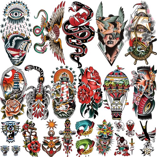 77 sheets Classic Temporary Tattoos Adults, Old School Tattoos Stickers, Sailor Jerry Style Fake Tattoo, American Traditional Flower Rose Arm Temporary Tattoos for Women Men Kids