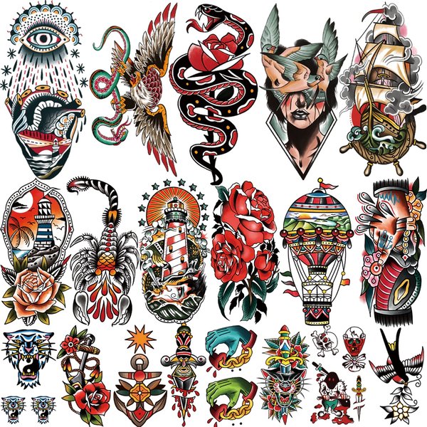 77 sheets Classic Temporary Tattoos Adults, Old School Tattoos Stickers, Sailor Jerry Style Fake Tattoo, American Traditional Flower Rose Arm Temporary Tattoos for Women Men Kids