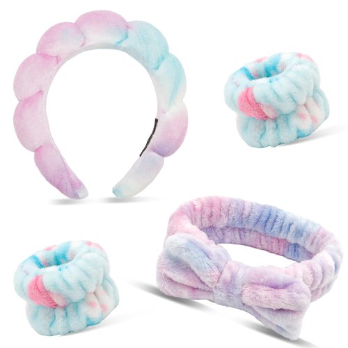 Chanaco Spa Headband for Washing Face Makeup Headband Skincare Headband Face Wash Headband Gradient Purple Sponge Hair Band Bow Tie Head Band Wrist Bands for Washing Face Hair Accessories for Women