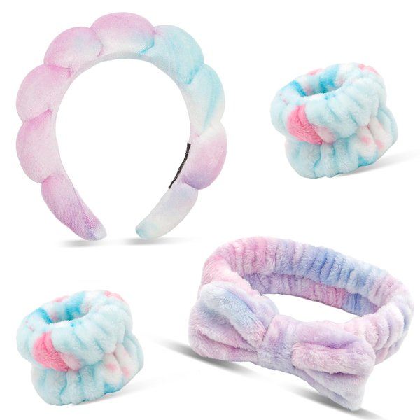Chanaco Spa Headband for Washing Face Makeup Headband Skincare Headband Face Wash Headband Gradient Purple Sponge Hair Band Bow Tie Head Band Wrist Bands for Washing Face Hair Accessories for Women