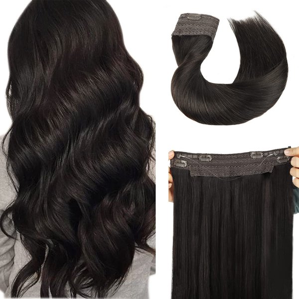 Wire Hair Extensions, 18 inch 95g Natural Black Invisible Wire Fish Line Hair Extensions Straight Lashey Real Human Hair Extensions for women Remy Human Wire Hair Extensions