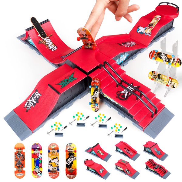 Finger Skateboards, MOMSIV Mini Finger Toy Skateboard Park Ramp Kit Fingerboard Half Pipe Ultimate Parks Training Props Accessories for Kids Adult 6 in 1
