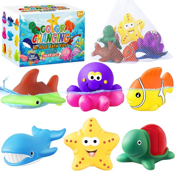 Color Changing No Hole Bath Toys for Kids Toddlers, Sea Creatures Bath Toys with Drying Bag, Bath Toys for Kids Ages 1-3 4-8, Sea Animals Bathtub Toys Christmas Stocking Stuffers Toddler Bath Toys 2-4