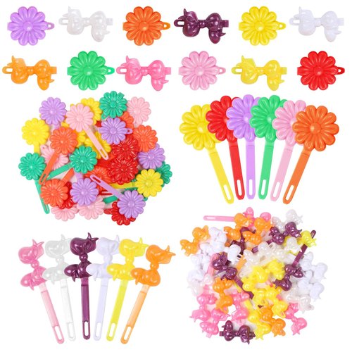 Self Hinge Hair Barrettes, BENBO 60 Pieces Plastic Bow Barrette Colorful Plastic Flower and Bowknot Hair Clips 80s 90s Hair Pins Cartoon Hairpins for Girls Women (Random Color)