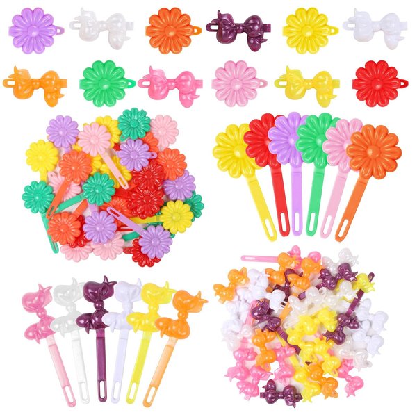 Self Hinge Hair Barrettes, BENBO 60 Pieces Plastic Bow Barrette Colorful Plastic Flower and Bowknot Hair Clips 80s 90s Hair Pins Cartoon Hairpins for Girls Women (Random Color)
