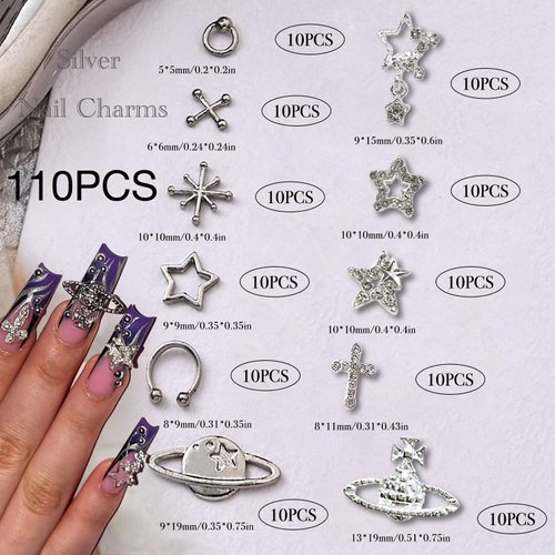 BBATT-HAPPY 110PCS Star Nail Charms for Acrylic Nails,Silver Star Planet Cross Alloy Nail Art Decoration, Nail Stones Nail Jewels Accessories for Nail Art Supplies Manicure Craft DIY