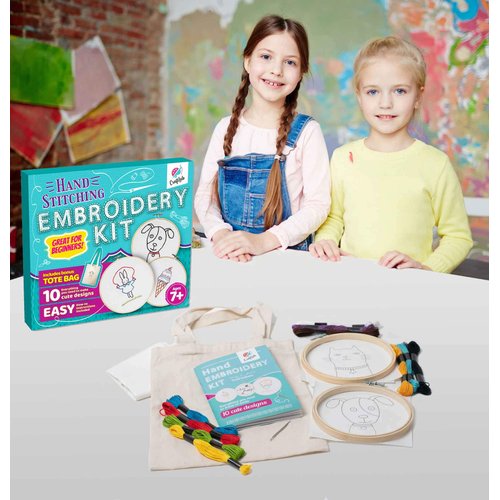 CraftLab Embroidery Kit for Beginners, Kids Craft Starter Kit Gift for Ages 7 to 13, Includes 10 Projects, Embroidery Hoops, Fabric, Patterns, Floss, Needles, Needlepoint Cross Stitching Supplies