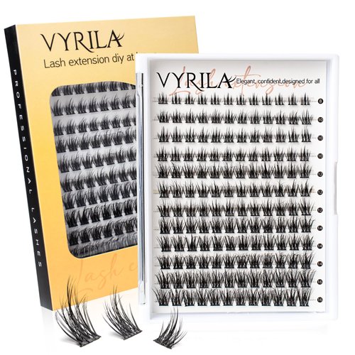 VYRILA Lash Clusters 8-16mm, False Eyelashes 144pcs, Cluster Eyelash Extensions Matte Black Soft, Diy Lash Extensions D Curl Natural Lash Clusters Faux Mink Lashes Wispy（Blaze,144pcs,0.07,D,8-16MIX)