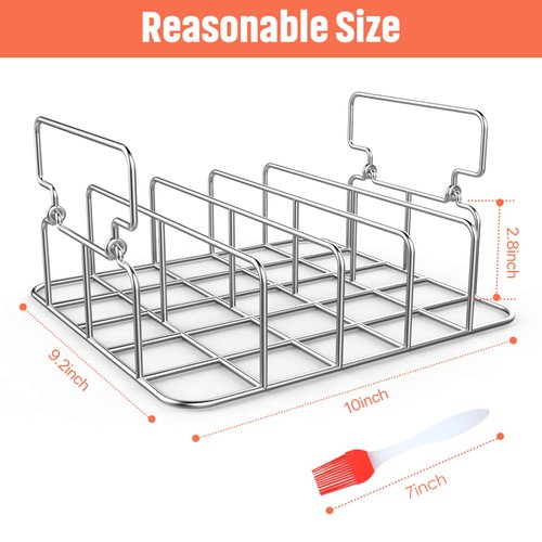 Durable Stainless Steel Rib Rack with a Silicone Oil Brush, BBQ Stand with 2 Handle for Smoker,Oven and Grill, Cook up to 5 Ribs at a time