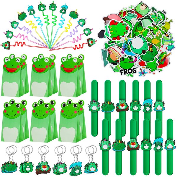 Saypacck 98 Pcs Frog Party Favor Supplies Set Include Frog Party Paper Bags Frog Stickers Frog Keychains Curly Drinking Straws Animal Slap Bracelets for Boy Girl Animal Frog Themed Birthday Decoration
