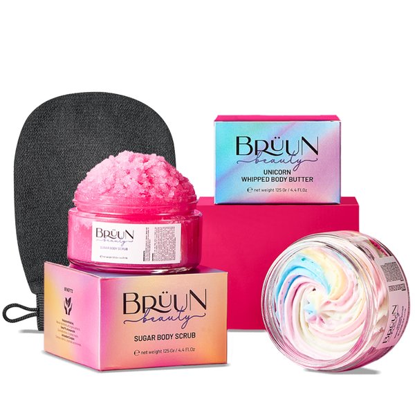 BRÜUN Beauty Unicorn Whipped Butter with Exfoliating Body Scrub Cream – A Bundle for Body and Skin Care with Natural Ingredients and Vitamin E for Girls, Men, and Women (Body Butter + Scrub Cream)