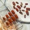24 Pcs Fall Press on Nails Square False Nails Brown Fake Nails with Gold Foil Leaf Designs Autumn Acrylic Nails Medium Length Stick on Nails Glossy Glue on Nails Reusable Artificial Nails for Women