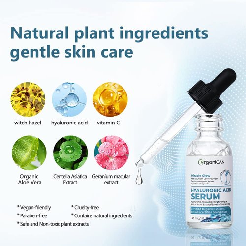OrganiCAN Hyaluronic Acid Serum for Face with Vitamin C, Vitamin E | Anti Aging, Skin Brightening, Hydrating Formula for Dry Skin, Trusted Canadian Brand