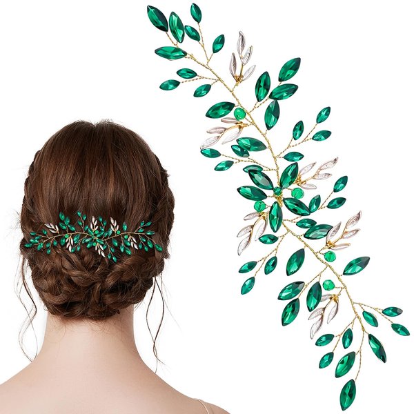 Aswewamt Green Emerald Crystal Bride Wedding Hair Vine Headband Green Leaf Headpiece Gold Bride Headband Jewelry Wedding Hair Accessories for Women