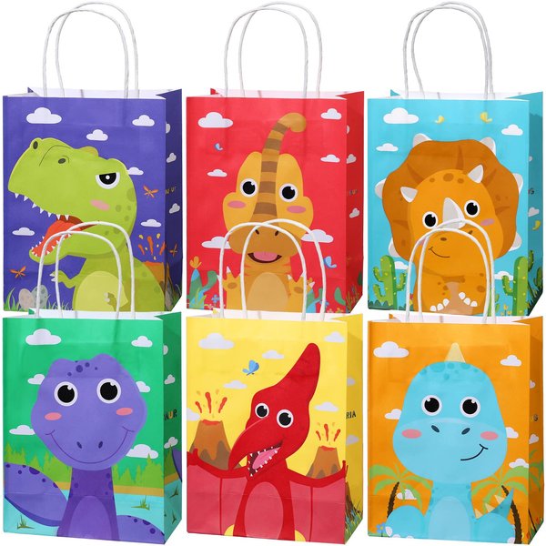 Pajean 24 Pcs Dinosaur Party Favor Bags w/ Handle, Dinosaur Kraft Paper Gift Bags Kids Goodie Treat Bags Boys Girls Dinosaur Dino Theme Birthday Baby Shower Party Supplies Cookie Gift (Cartoon Style)