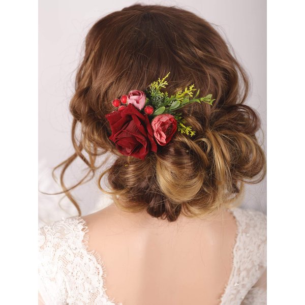 Kercisbeauty Wedding Bridal Floral Hair Combs Clips Red Rose Velet Flower Mexican Headpiece Headband for Carvinal Party