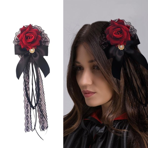 Generic Rose Bow Hair Clip Lolita Gothic Rose Bowknot Lace Ribbon Hairpin Brooch Handmade Hair Bride Accessories for Halloween Cosplay Wedding Birthday Party Women Decoration, Black, Red