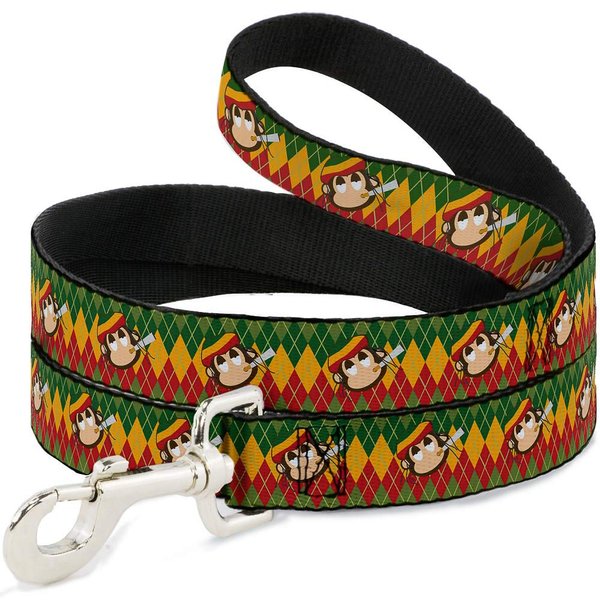 Buckle-Down Pet Leash - Smoking Monkey Repeat Argyle Rasta - 4 Feet Long - 1" Wide