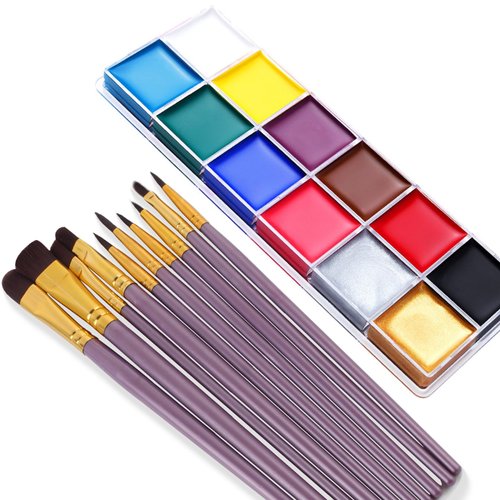 Face Paint Kit, 12 Colors Painting Palette with 10 Brushes Water-Based Body Paint Face Makeup Safe and Easy to Clean for Halloween Carnivals Cosplay Party Stage Performances